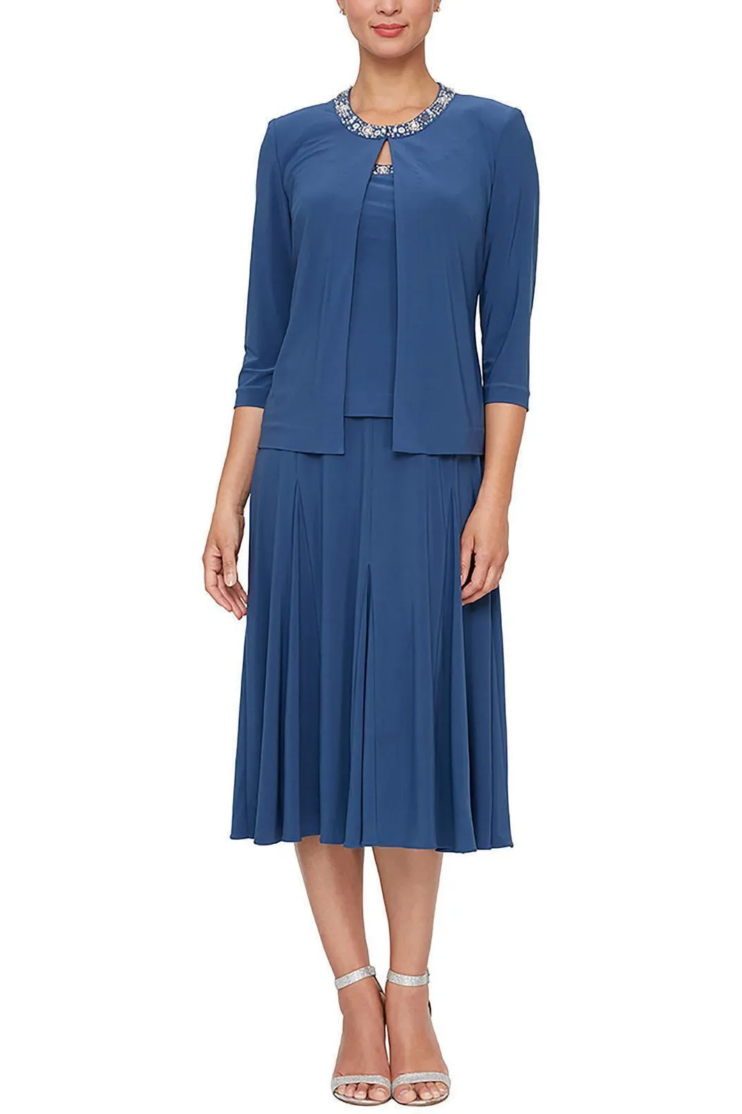 Alex Evenings Embellished Scoop Neck Sleeveless Popover A-line Matte Jersey Dress With Matching 3/4 Sleeve Jacket
