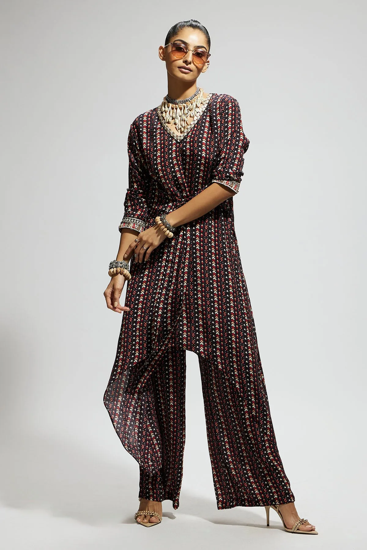 Blue Boho Print Front Tie up Tunic