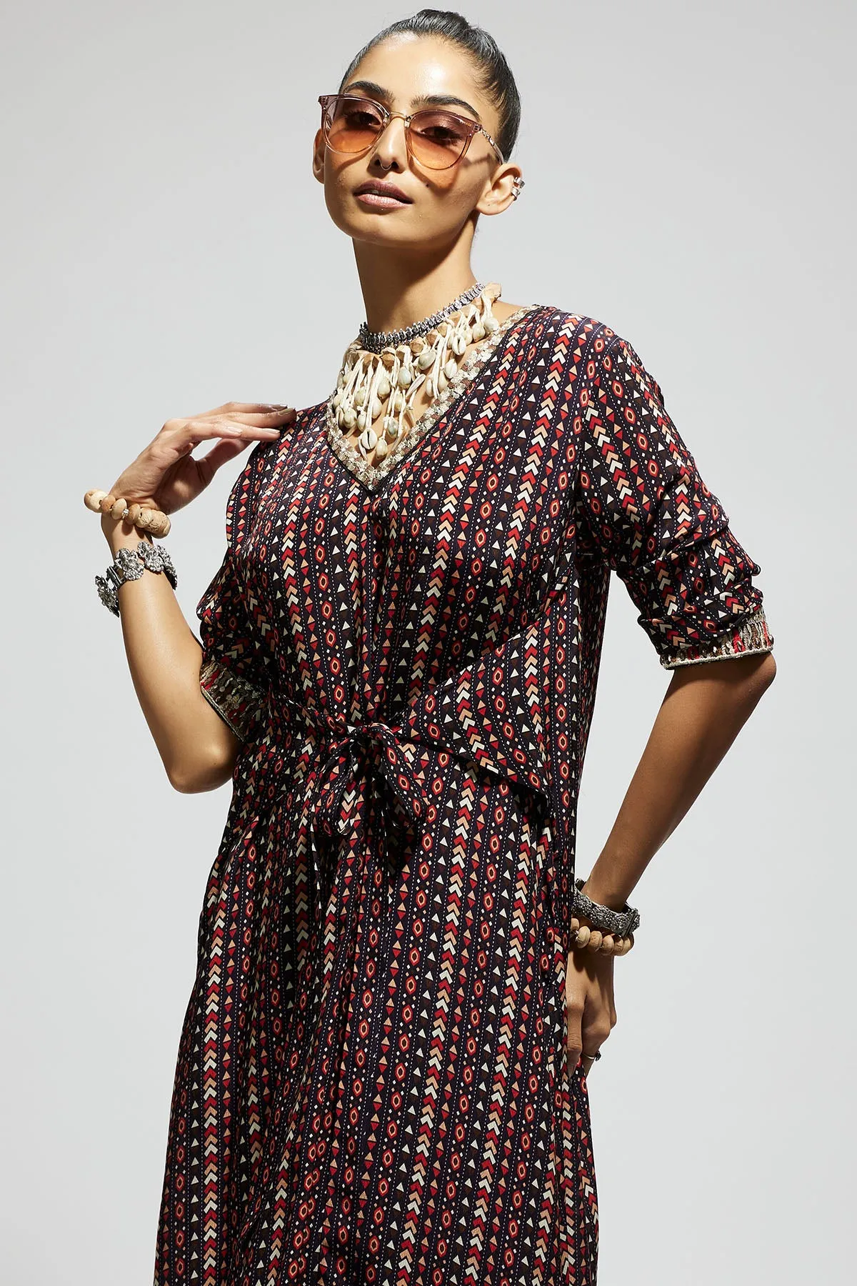 Blue Boho Print Front Tie up Tunic