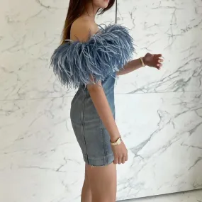 Blue Jean Off the Shoulder Feather Top Mini Dress * limited