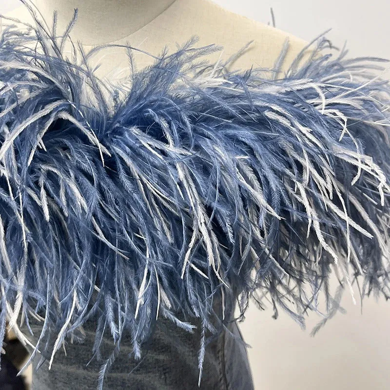Blue Jean Off the Shoulder Feather Top Mini Dress * limited