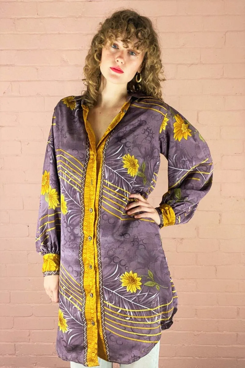 Bonnie Shirt Dress - Vintage Indian Sari - Amethyst & Gold Floral (M/L)