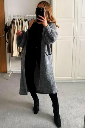 Charcoal Casual Knit Puff Sleeve Loose Cardigan