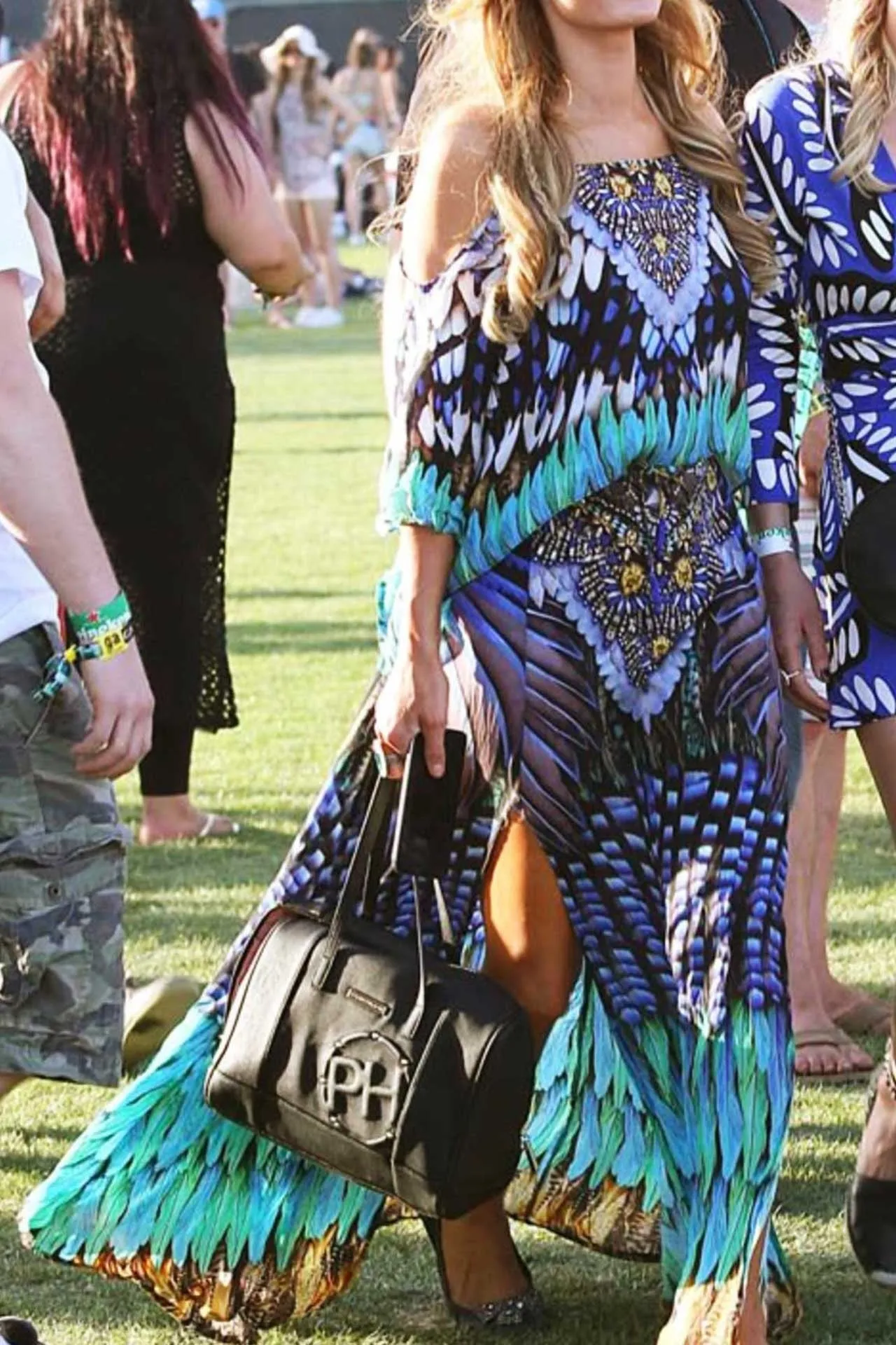 Coachella Wearing Blue Embellished Spagehtti Halter Top