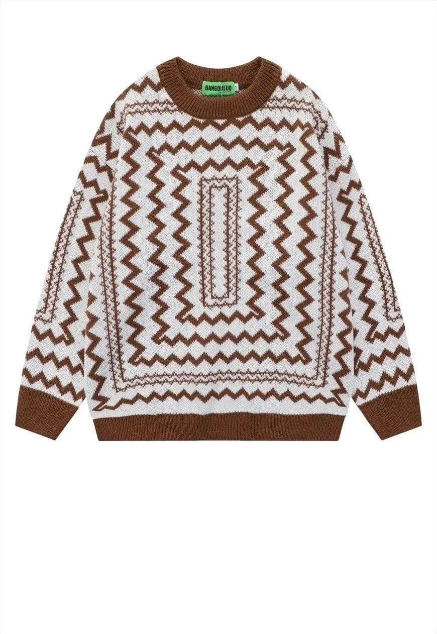 Geometric sweater knit retro stripe jumper zigzag top white