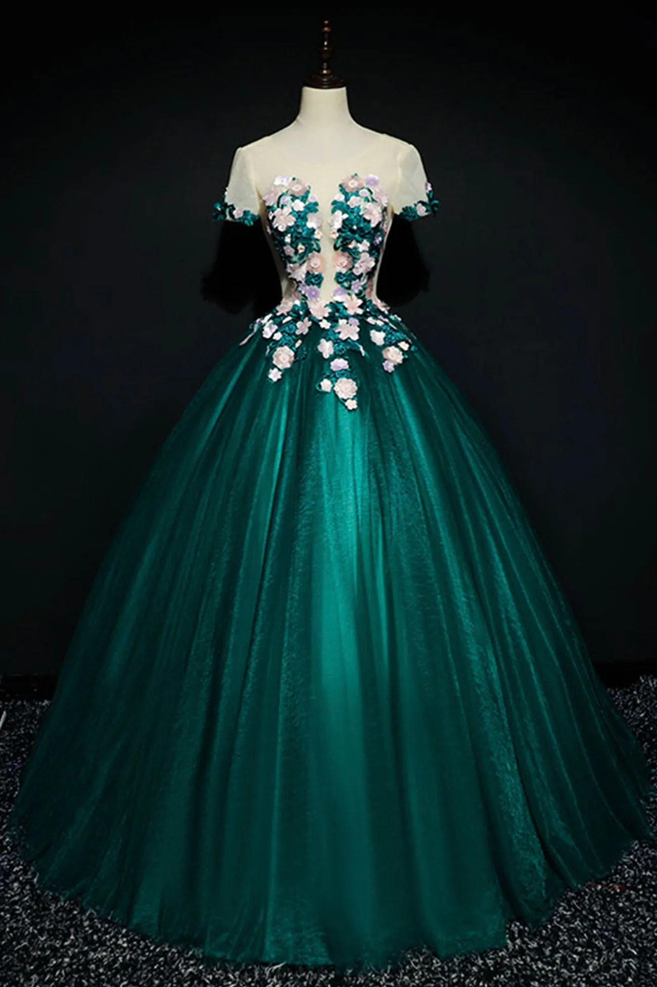 Green Scoop Neckline Tulle Long Prom Dress, Green A-Line Evening Dress with Flowers