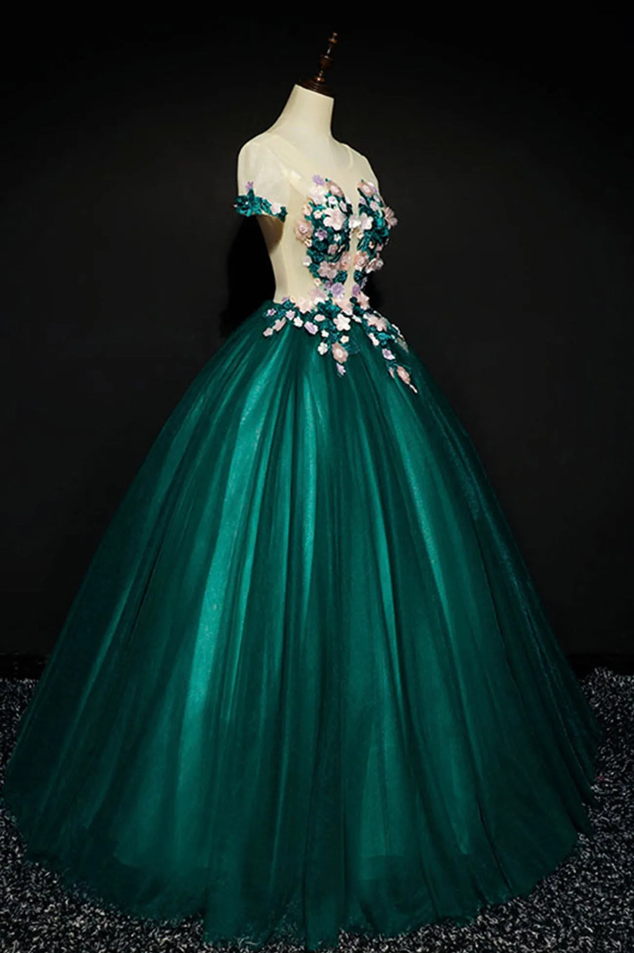 Green Scoop Neckline Tulle Long Prom Dress, Green A-Line Evening Dress with Flowers