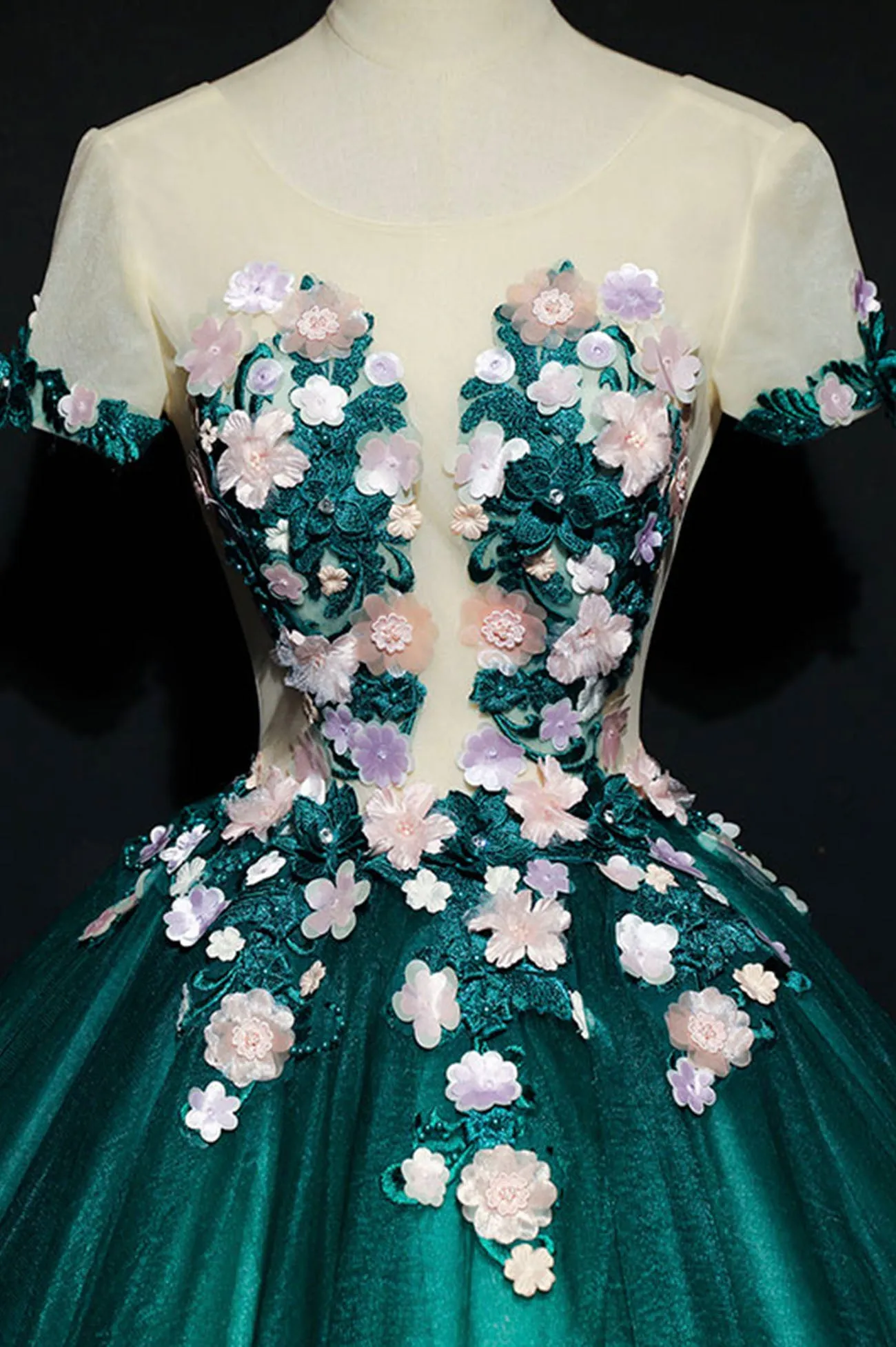 Green Scoop Neckline Tulle Long Prom Dress, Green A-Line Evening Dress with Flowers