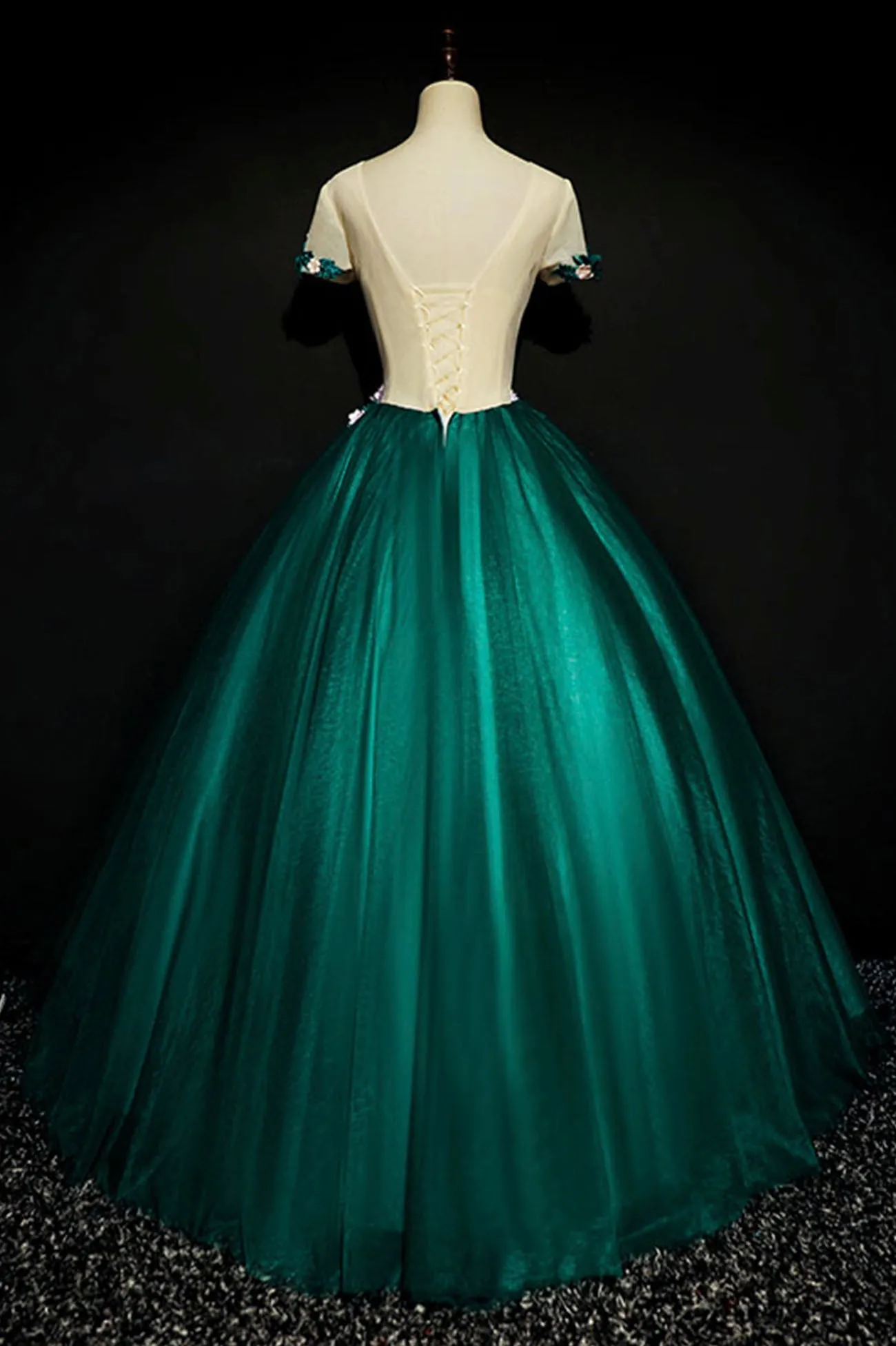 Green Scoop Neckline Tulle Long Prom Dress, Green A-Line Evening Dress with Flowers