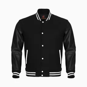 Letterman Jacket Black Body and Black Leather Sleeves Custom Varsity Jackets