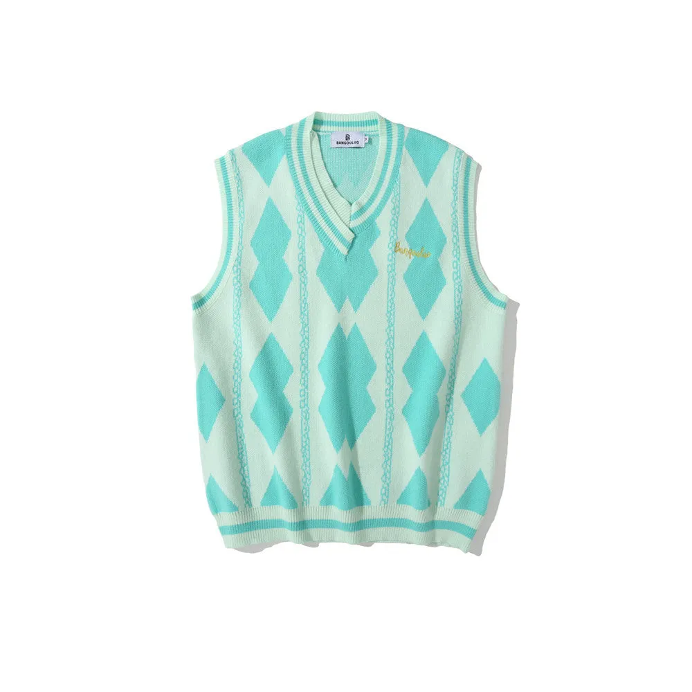 Men Sweater Vest Rhombus Jacquard Contrast Color Knitted Vest Men's Boyfriend Harajuku Style Loose V-neck Waistcoat Sleeveless Sweater