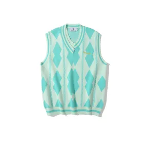 Men Sweater Vest Rhombus Jacquard Contrast Color Knitted Vest Men's Boyfriend Harajuku Style Loose V-neck Waistcoat Sleeveless Sweater