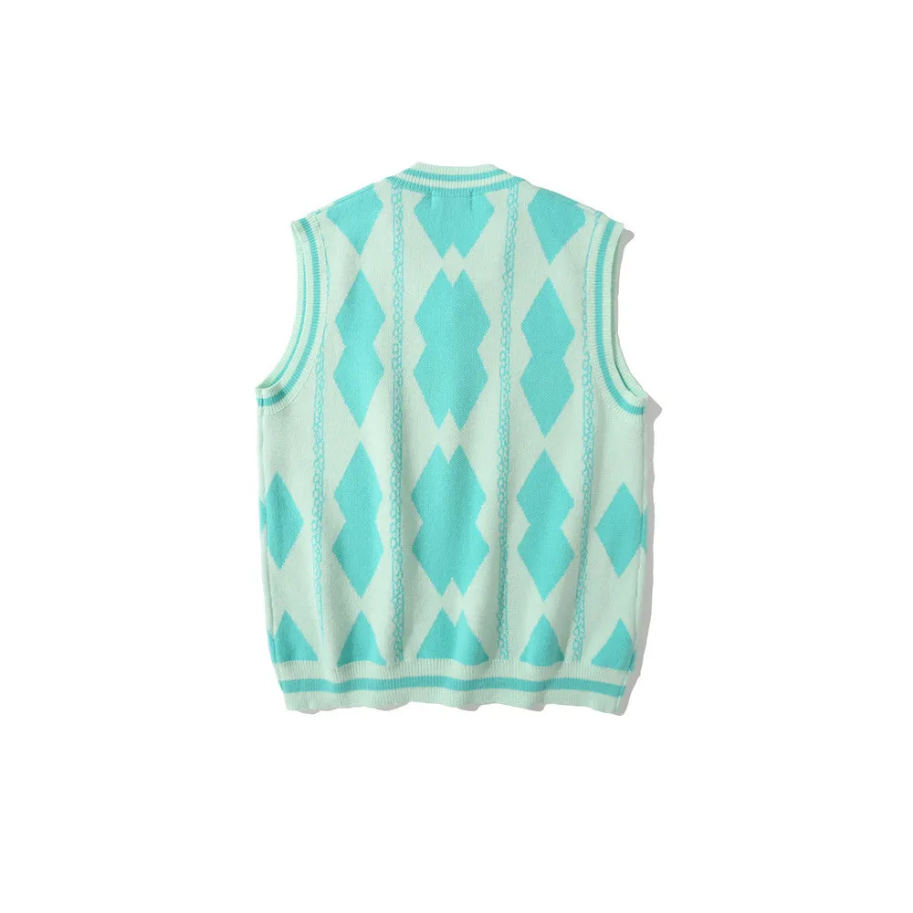 Men Sweater Vest Rhombus Jacquard Contrast Color Knitted Vest Men's Boyfriend Harajuku Style Loose V-neck Waistcoat Sleeveless Sweater