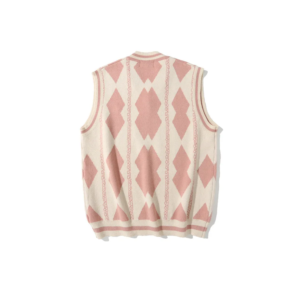 Men Sweater Vest Rhombus Jacquard Contrast Color Knitted Vest Men's Boyfriend Harajuku Style Loose V-neck Waistcoat Sleeveless Sweater