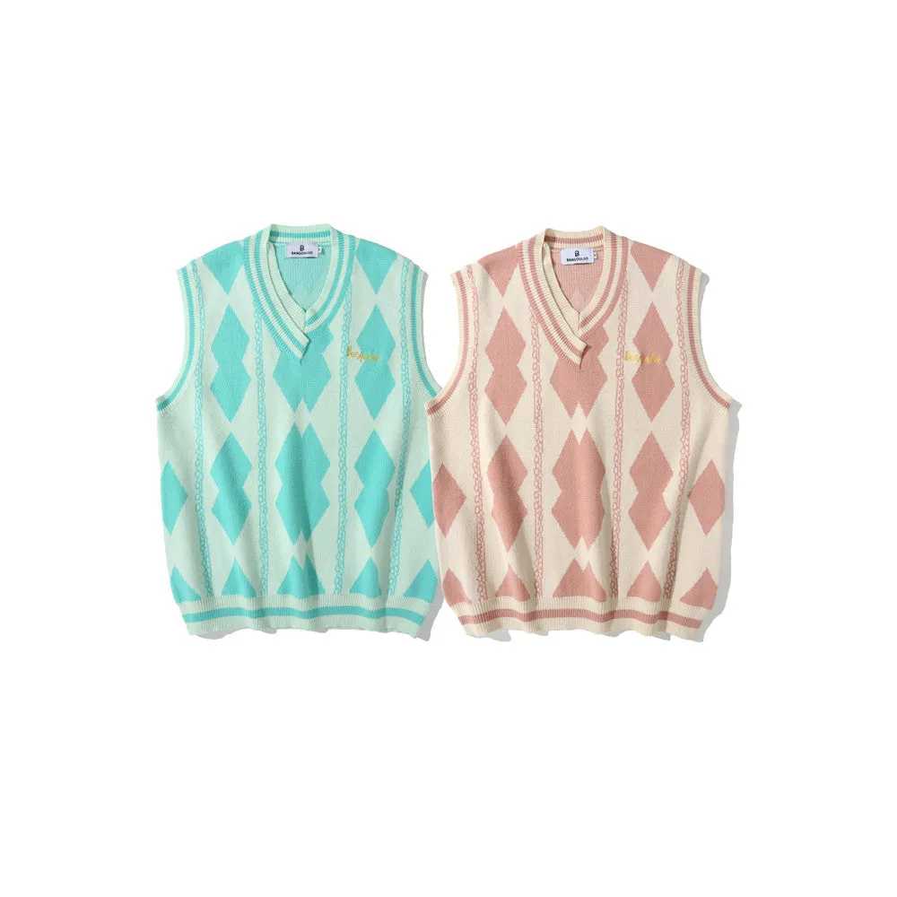 Men Sweater Vest Rhombus Jacquard Contrast Color Knitted Vest Men's Boyfriend Harajuku Style Loose V-neck Waistcoat Sleeveless Sweater