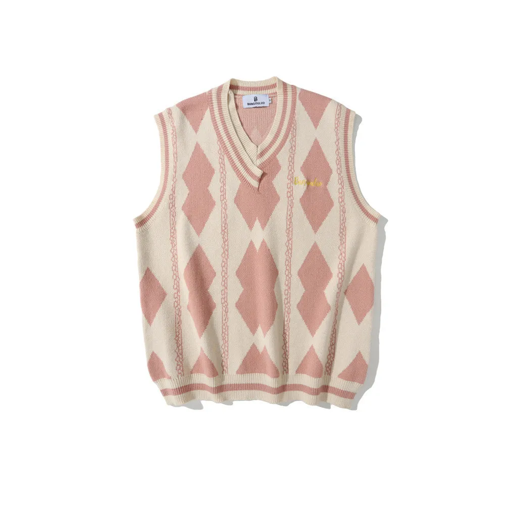 Men Sweater Vest Rhombus Jacquard Contrast Color Knitted Vest Men's Boyfriend Harajuku Style Loose V-neck Waistcoat Sleeveless Sweater