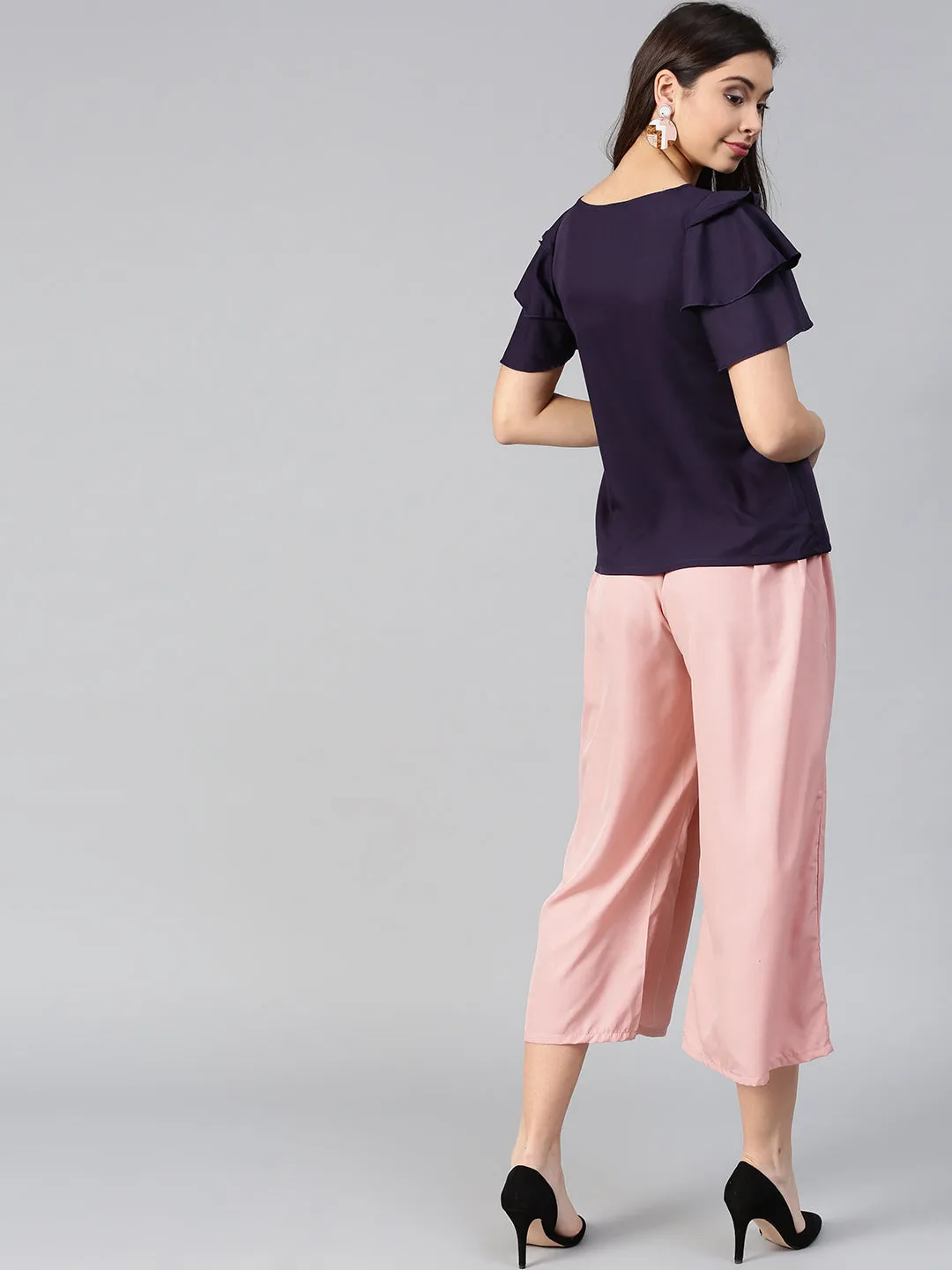 Purple Layered Top & Peach Trouser Set (Sku- BLMG7826)
