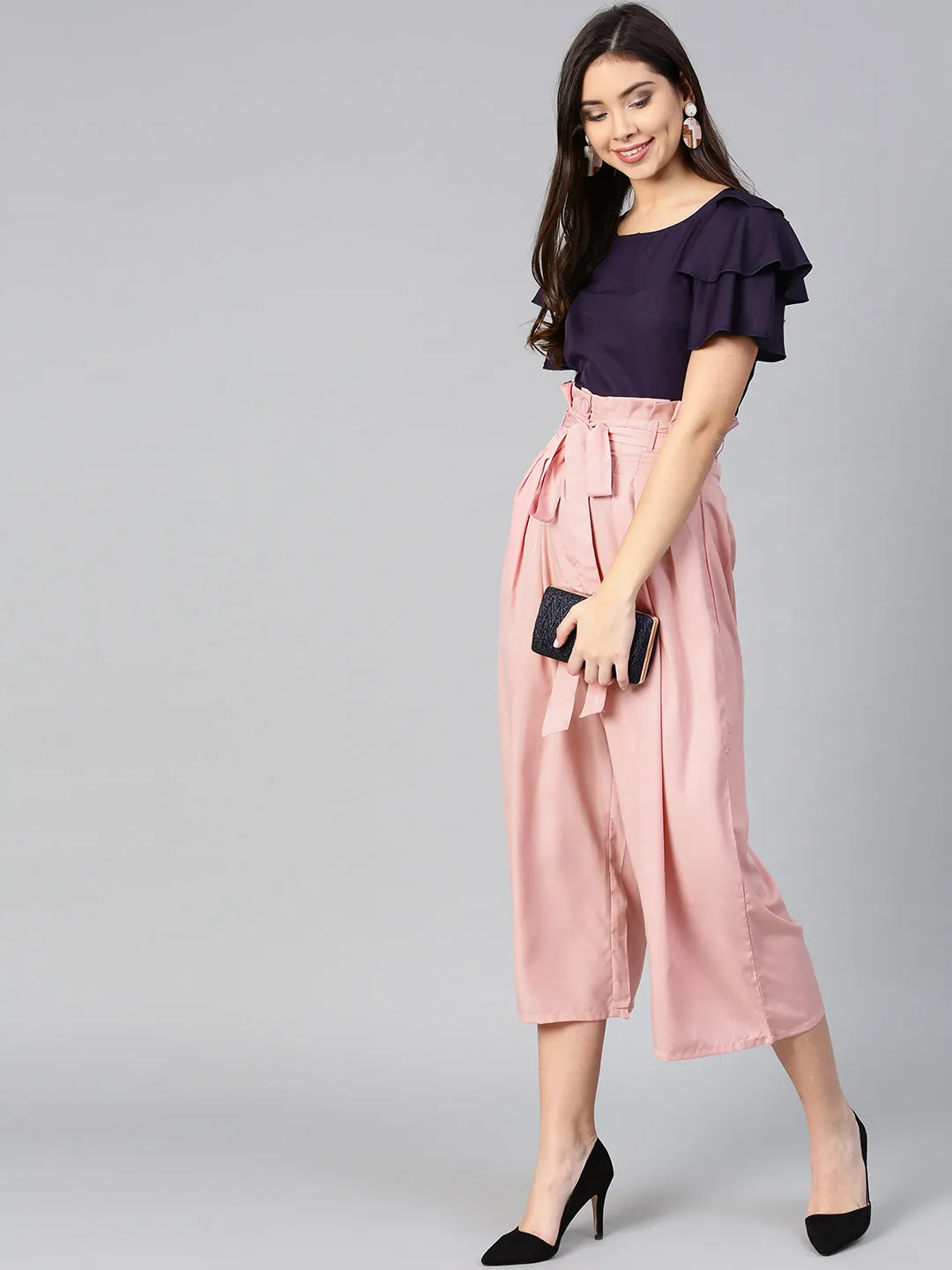 Purple Layered Top & Peach Trouser Set (Sku- BLMG7826)