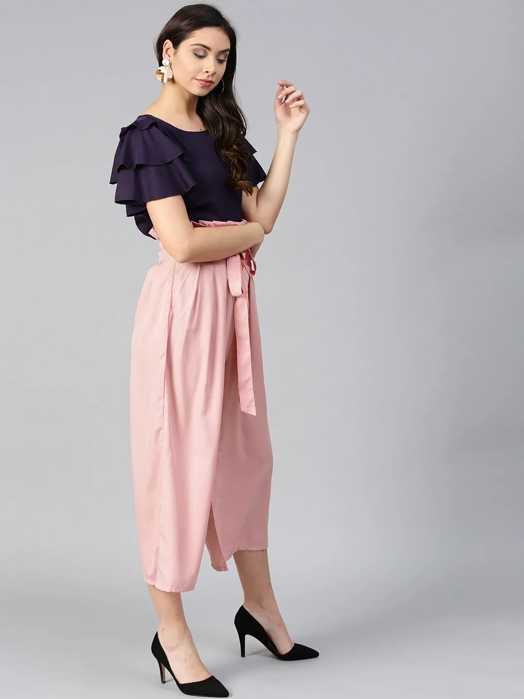 Purple Layered Top & Peach Trouser Set (Sku- BLMG7826)