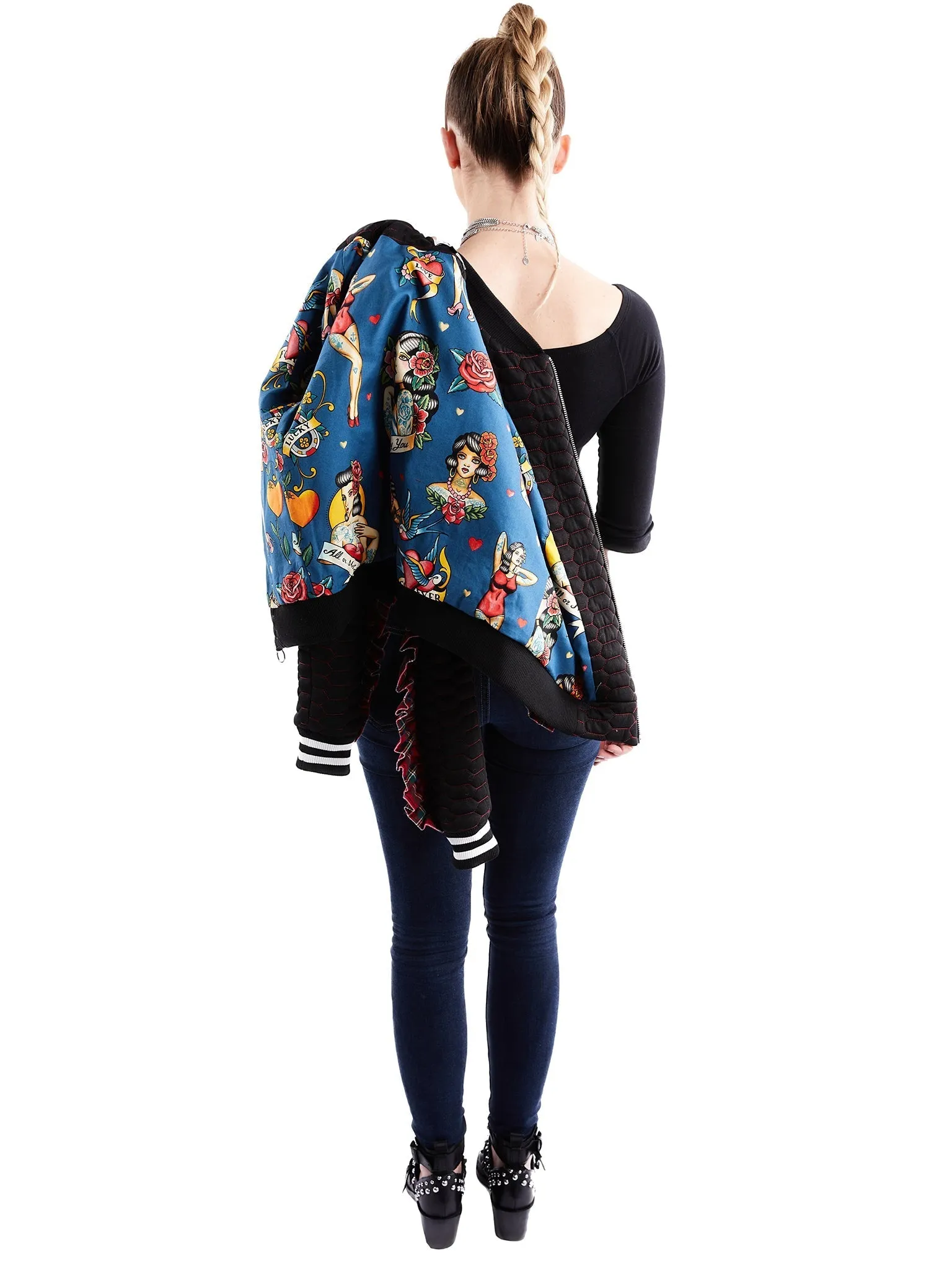 Quilted Bomber Jacket with Plaid Ruffle