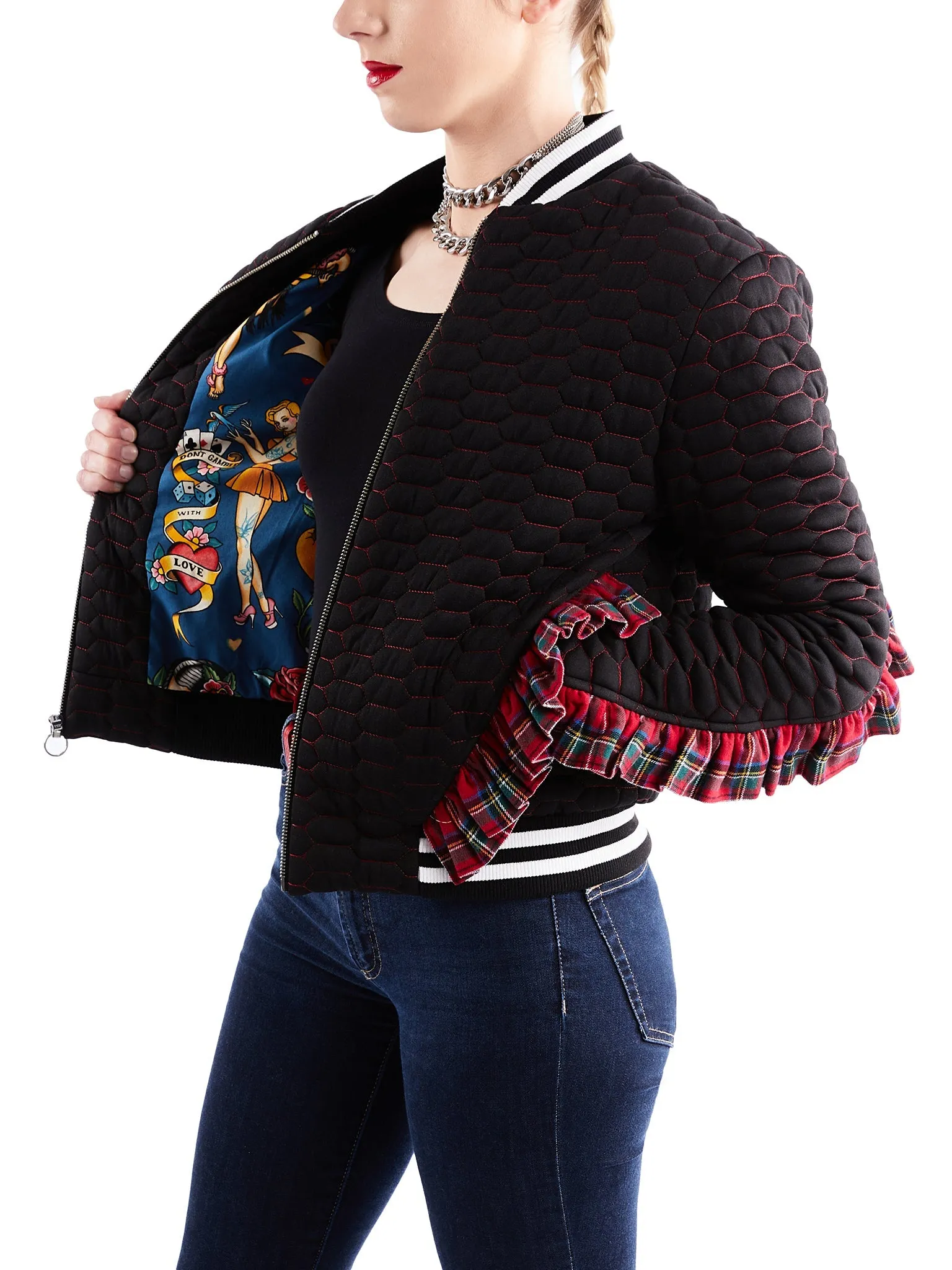 Quilted Bomber Jacket with Plaid Ruffle