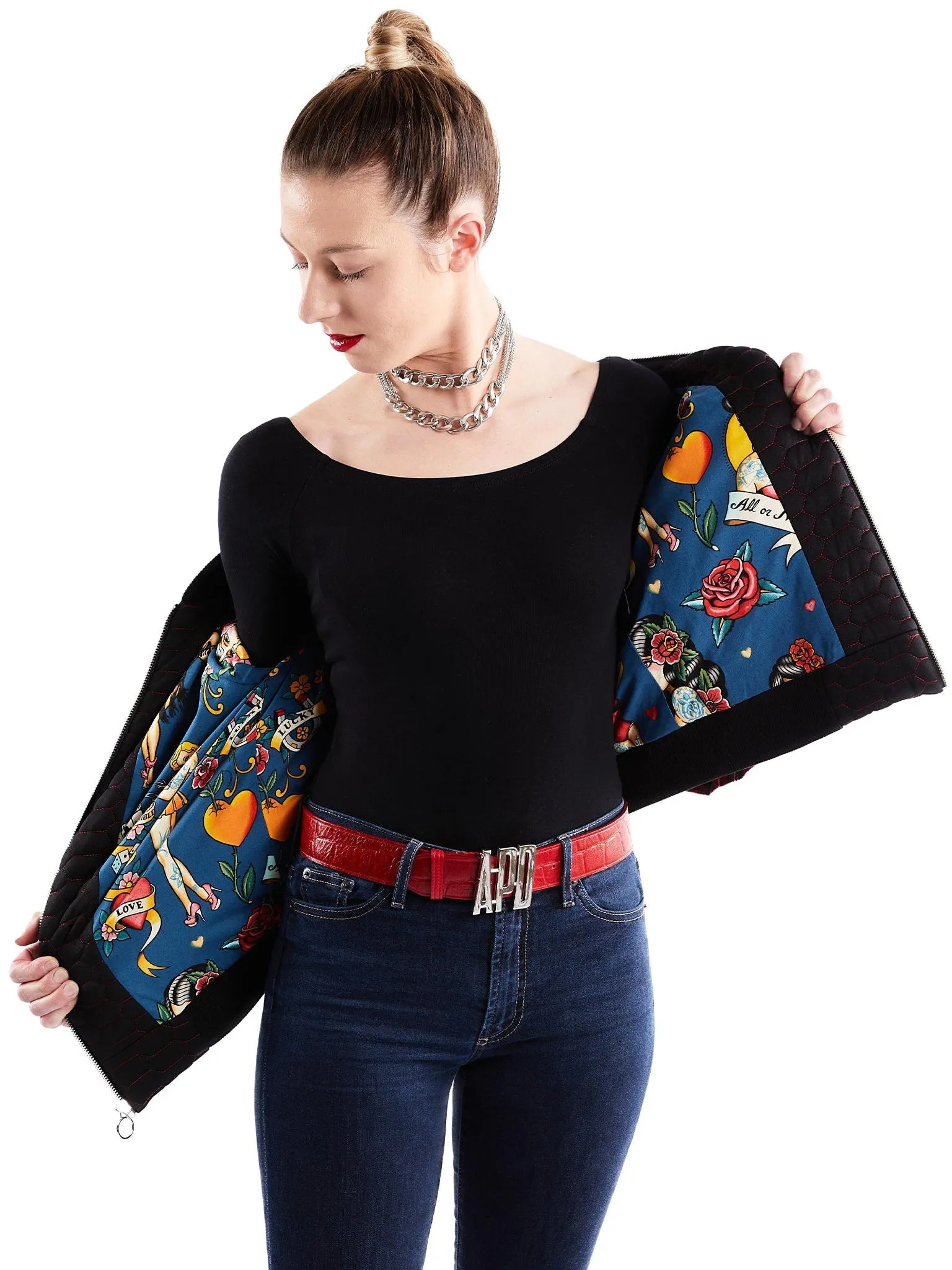 Quilted Bomber Jacket with Plaid Ruffle