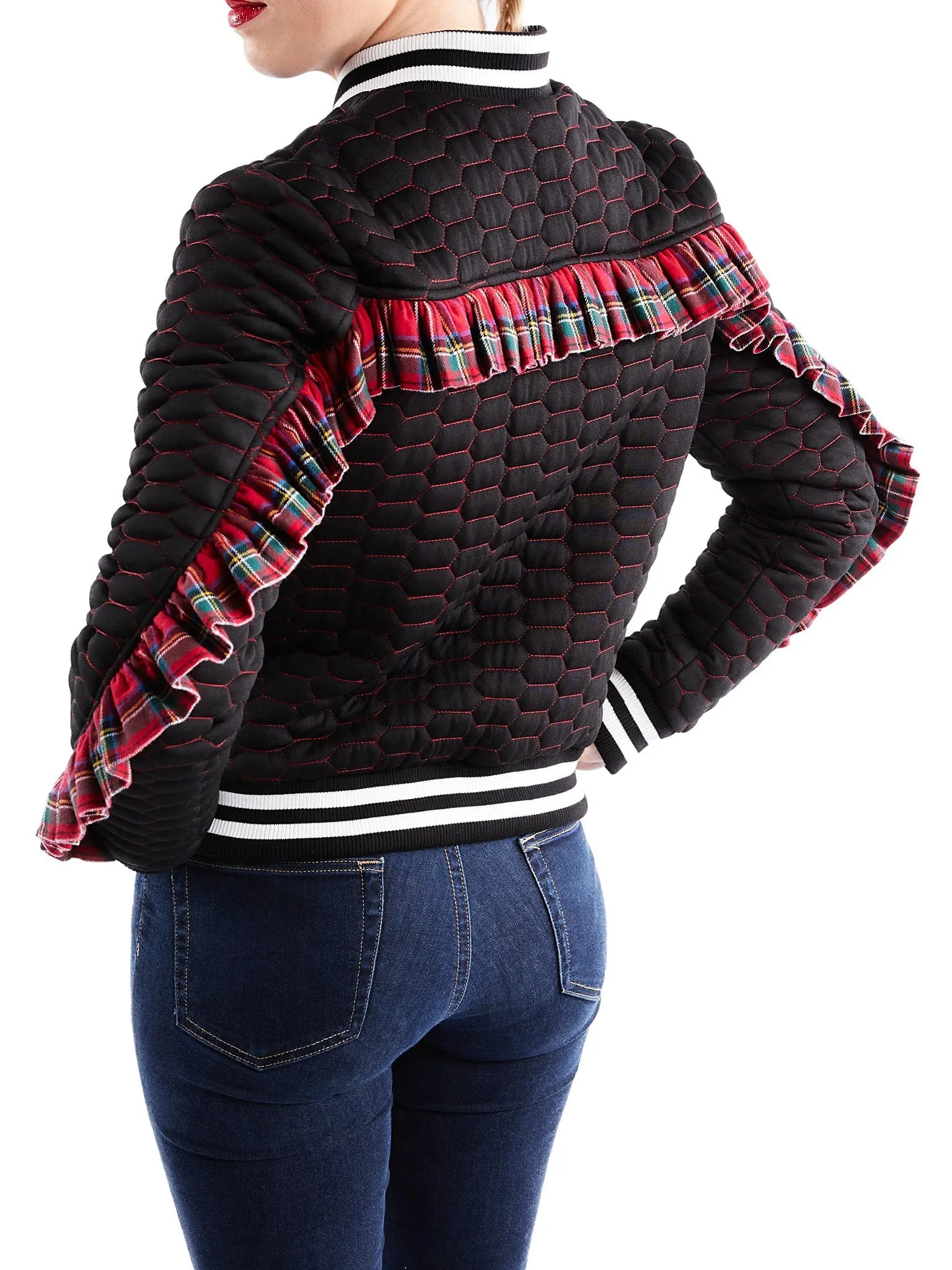Quilted Bomber Jacket with Plaid Ruffle