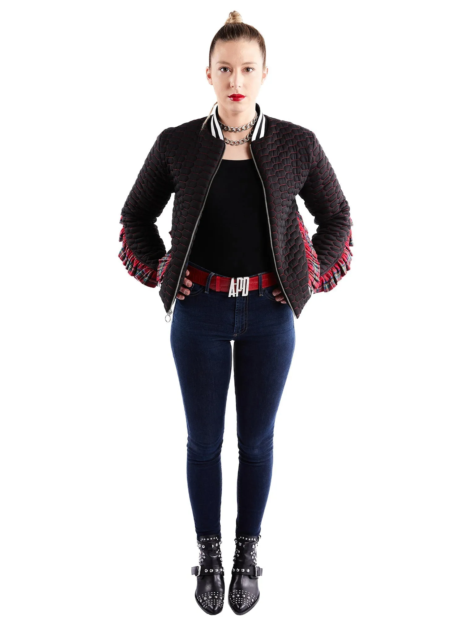 Quilted Bomber Jacket with Plaid Ruffle