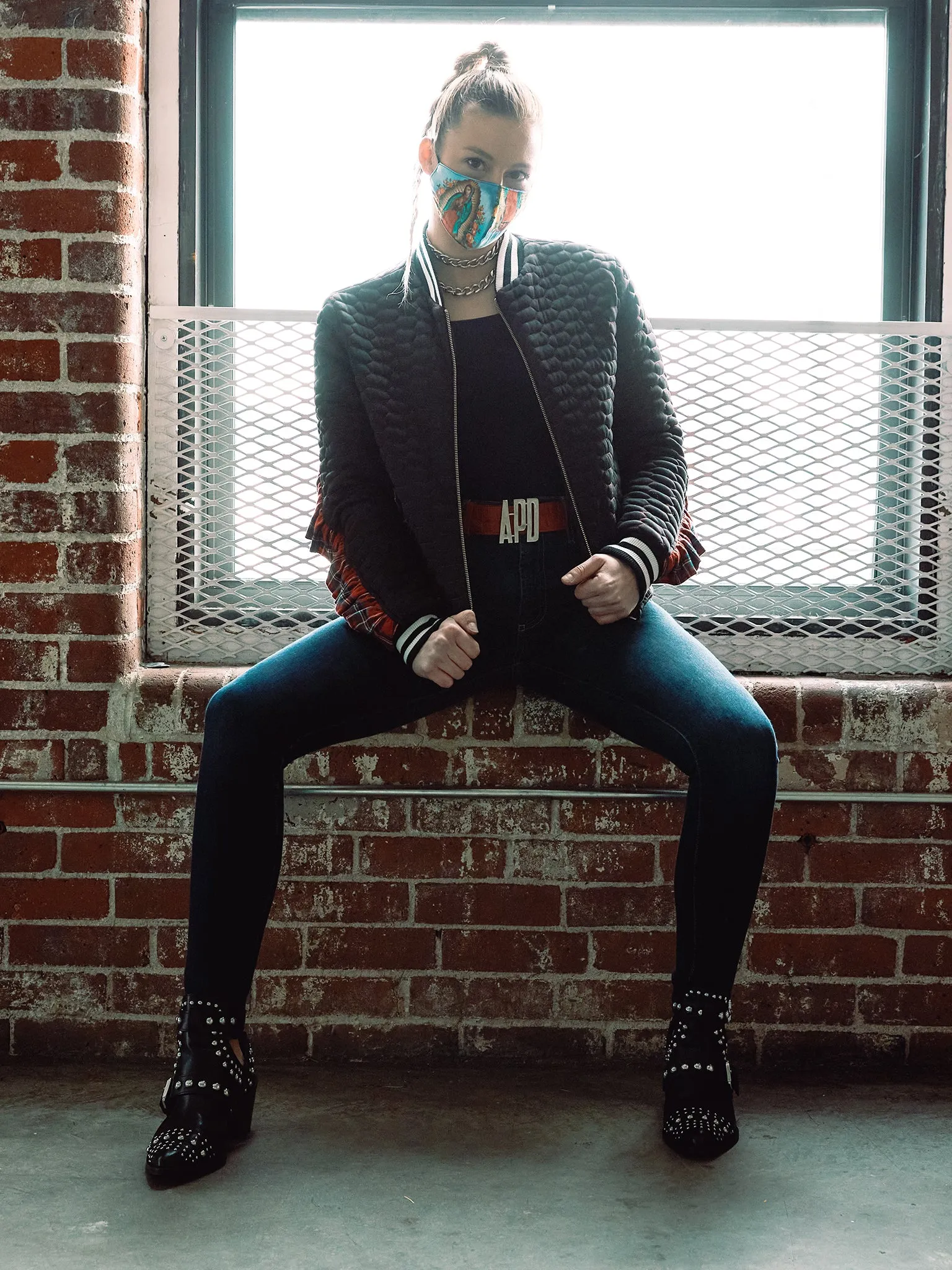 Quilted Bomber Jacket with Plaid Ruffle