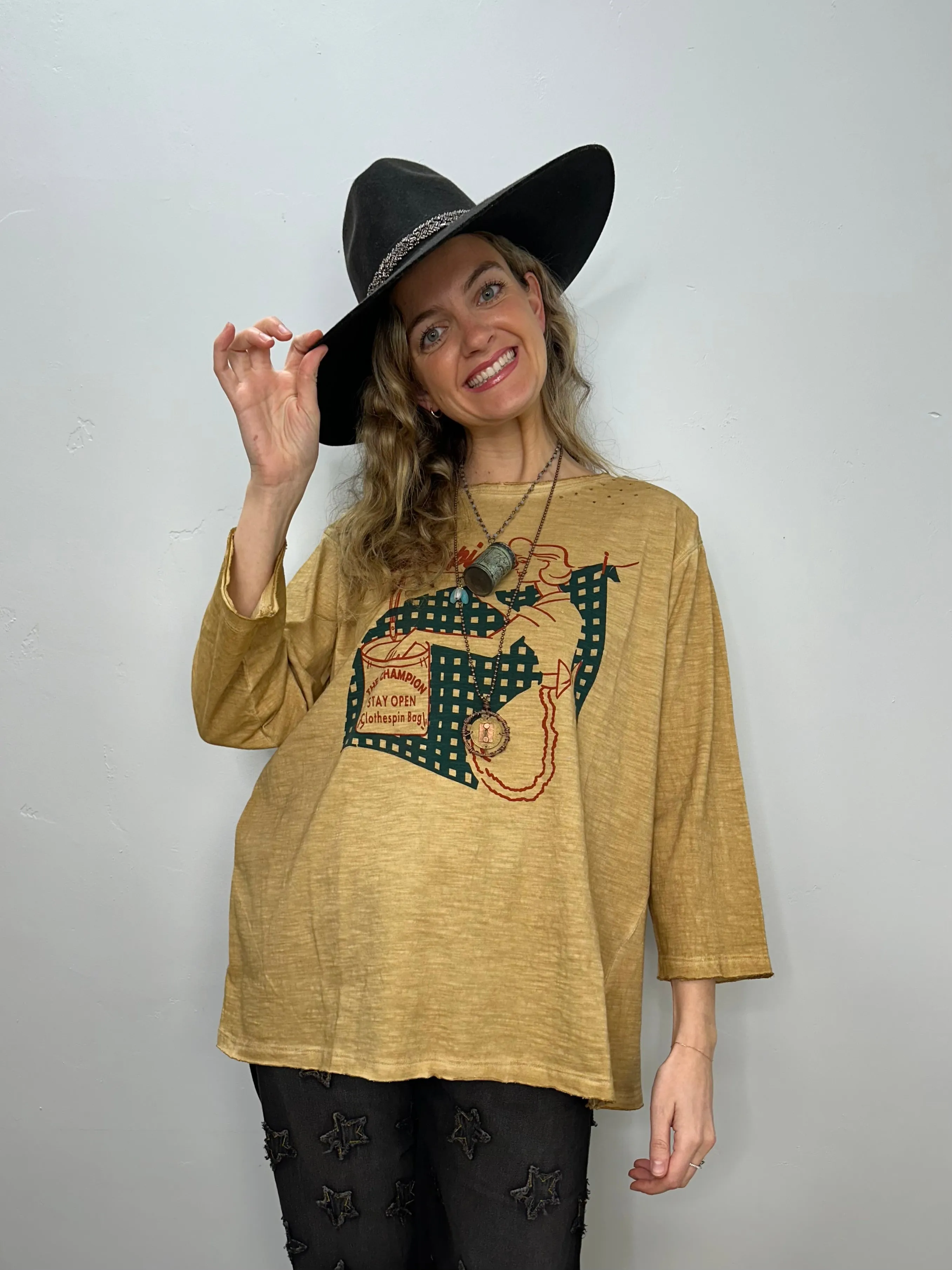 Retro Printed Distressed Tea-dye Tee - One Size