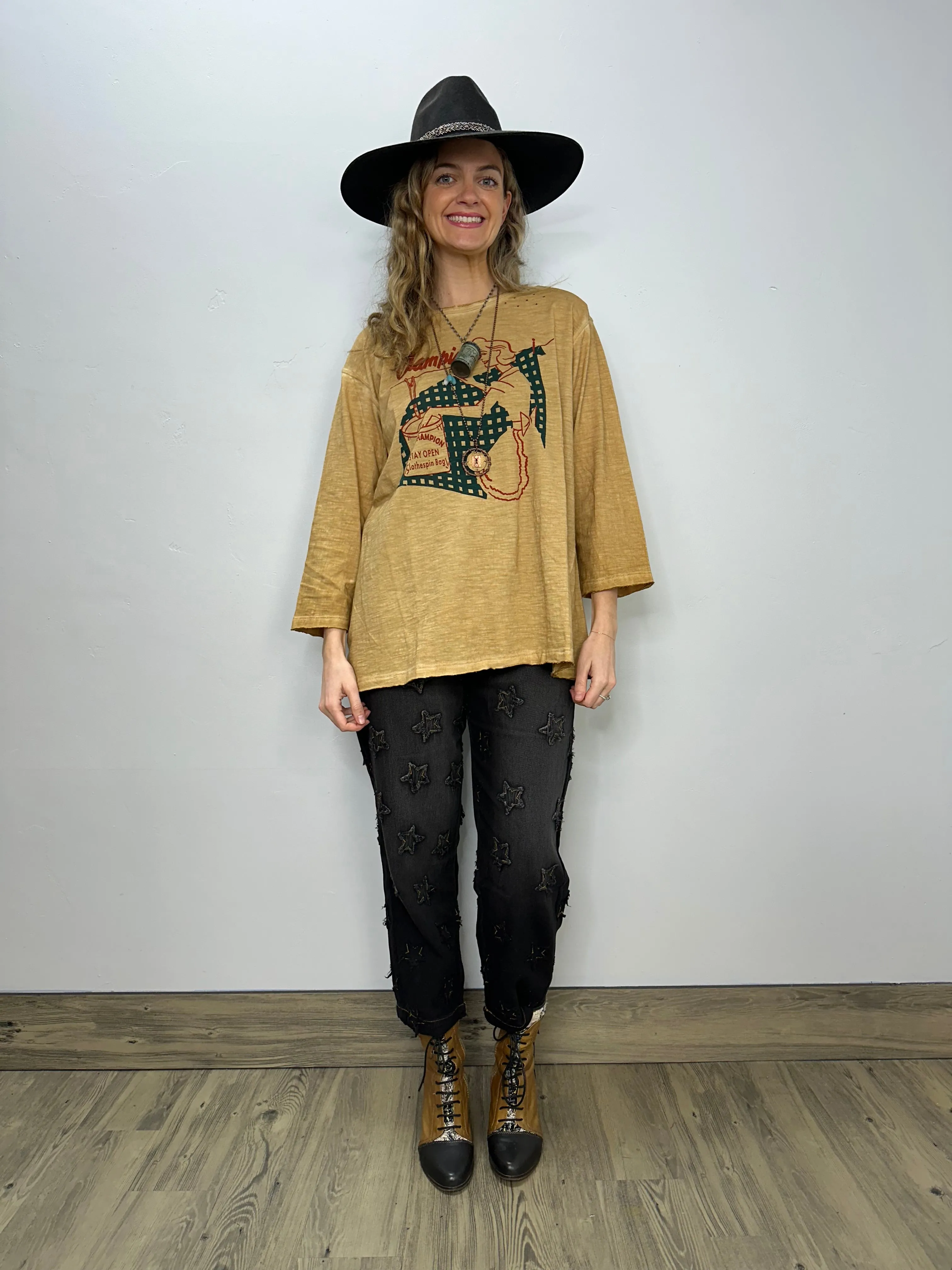 Retro Printed Distressed Tea-dye Tee - One Size
