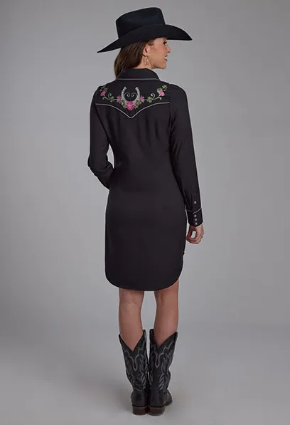Roper Women's Black Retro Twill Embroidered Yoke Western Shirt Dress 0040-0763