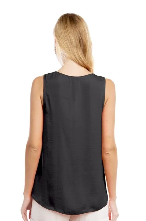 Satin Feel Pleated Neck Tank Blouse