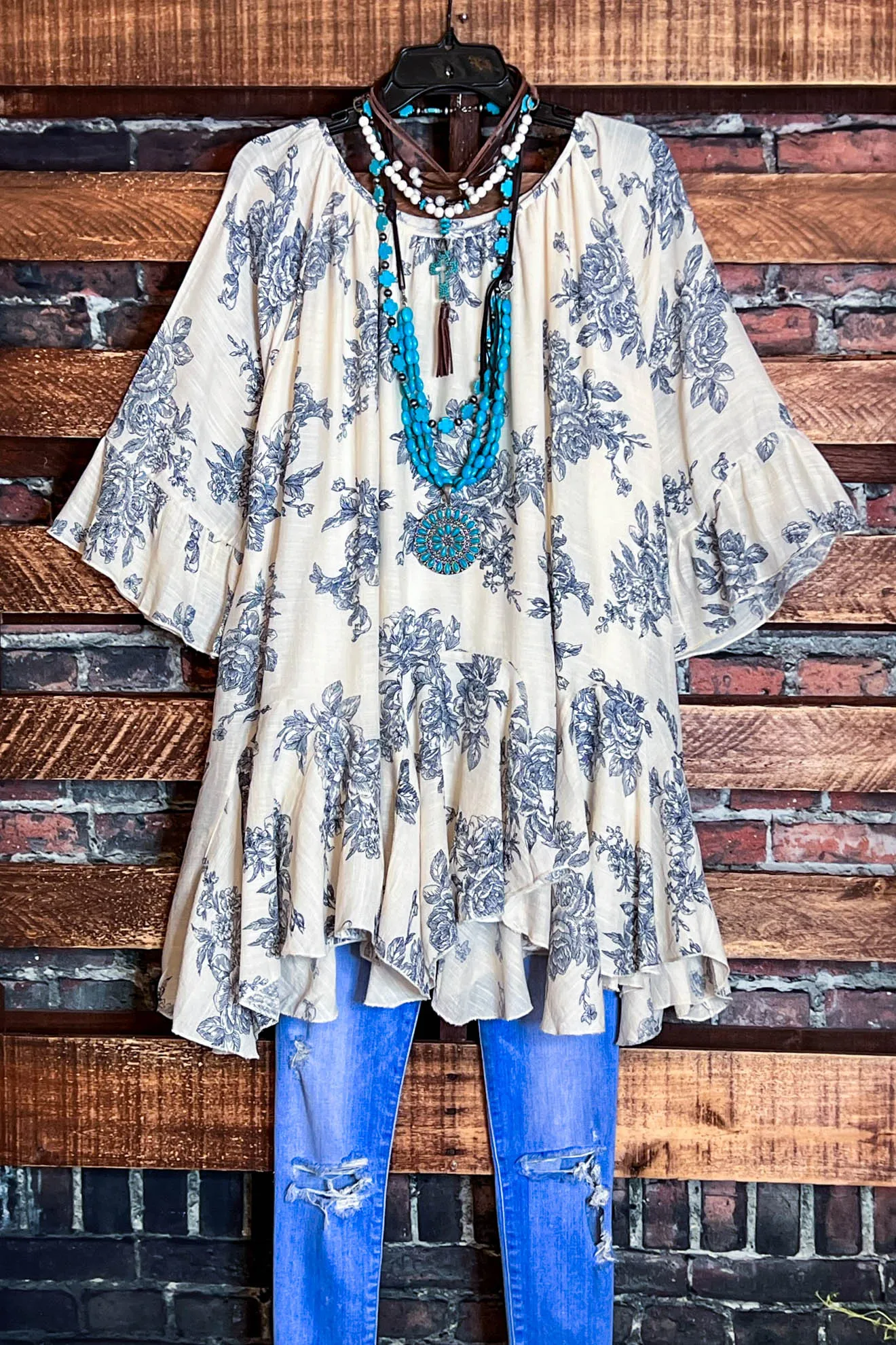 SUNSET CHASER BOHO SWING OVERSIZED TUNIC IN BEIGE & NAVY