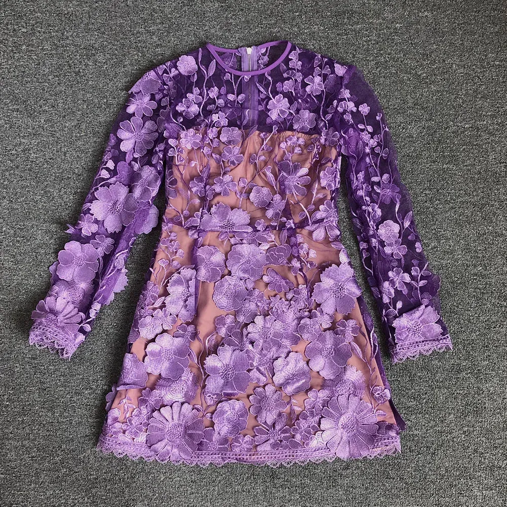 Trend4us Women's Floral Embroidered Lace Applique Mini Dress