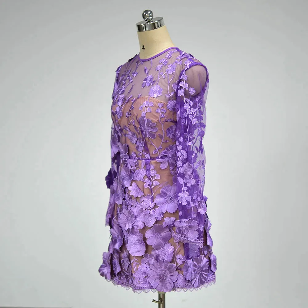 Trend4us Women's Floral Embroidered Lace Applique Mini Dress