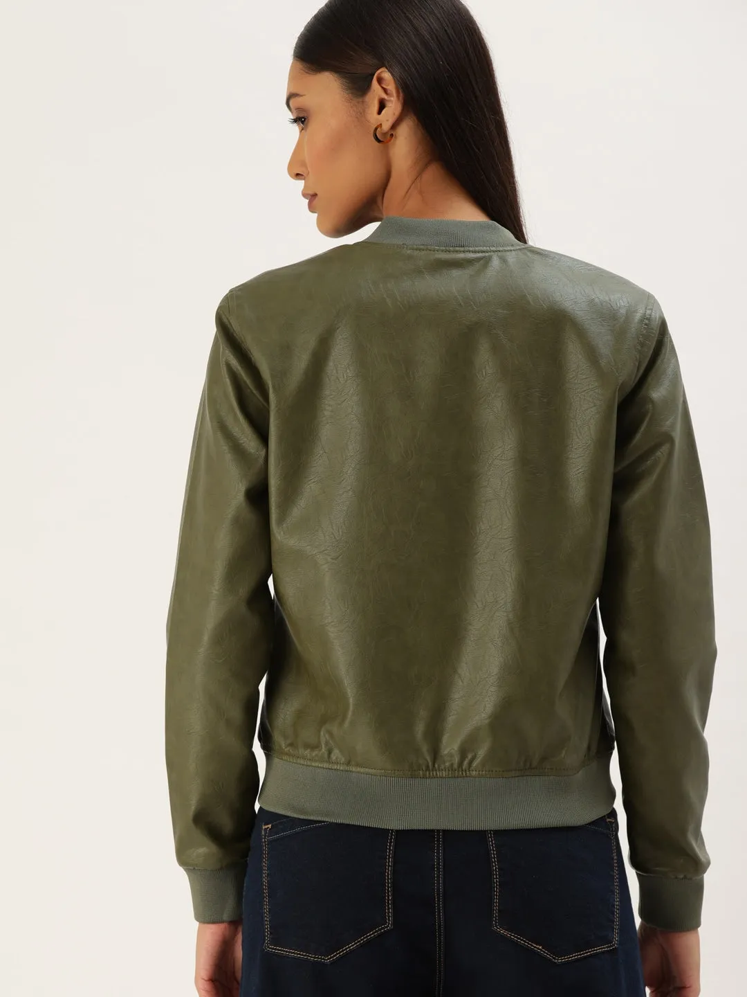 Women Olive Green Solid Lightweight Bomber Jacket | QAWACH