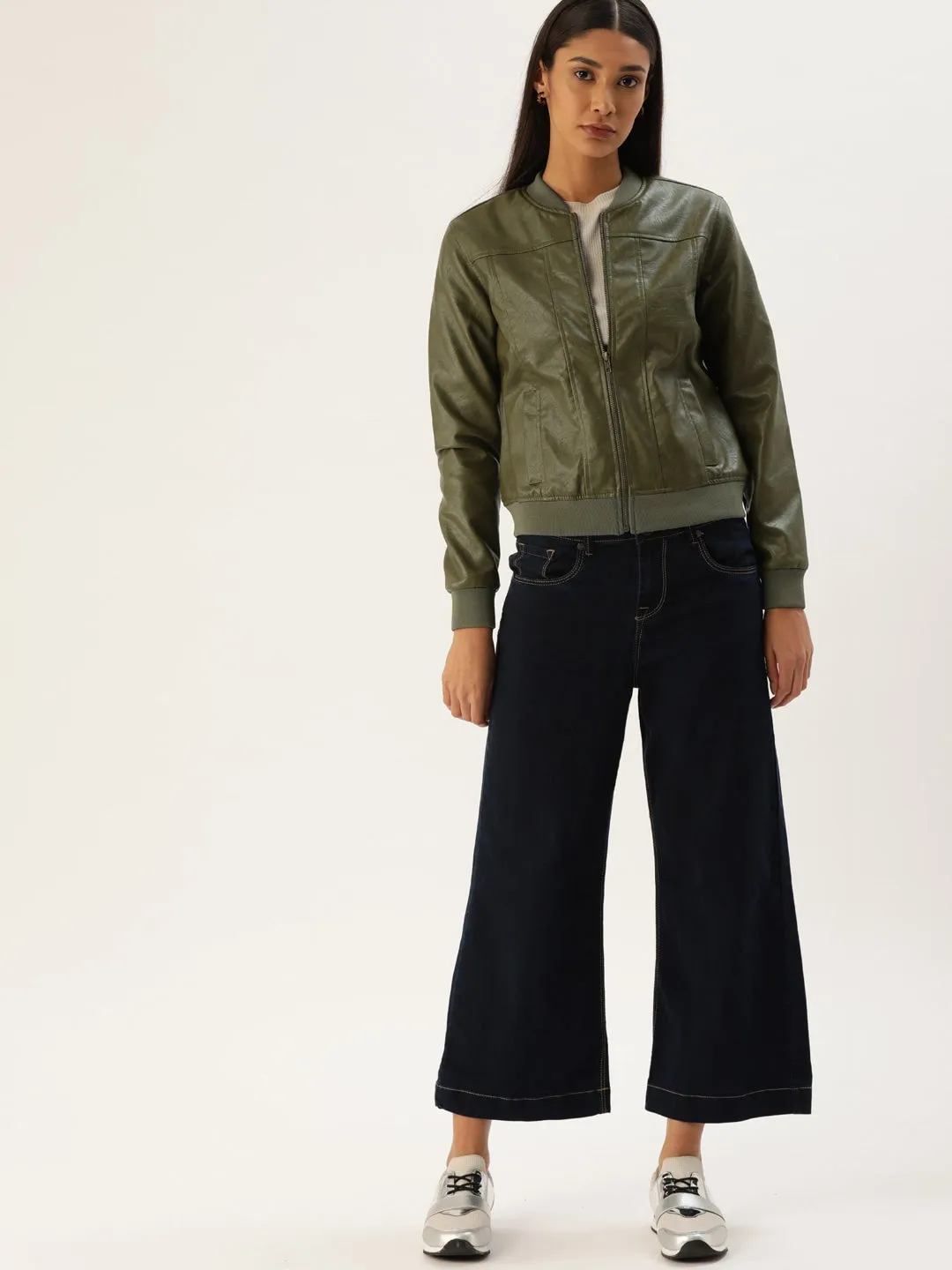 Women Olive Green Solid Lightweight Bomber Jacket | QAWACH
