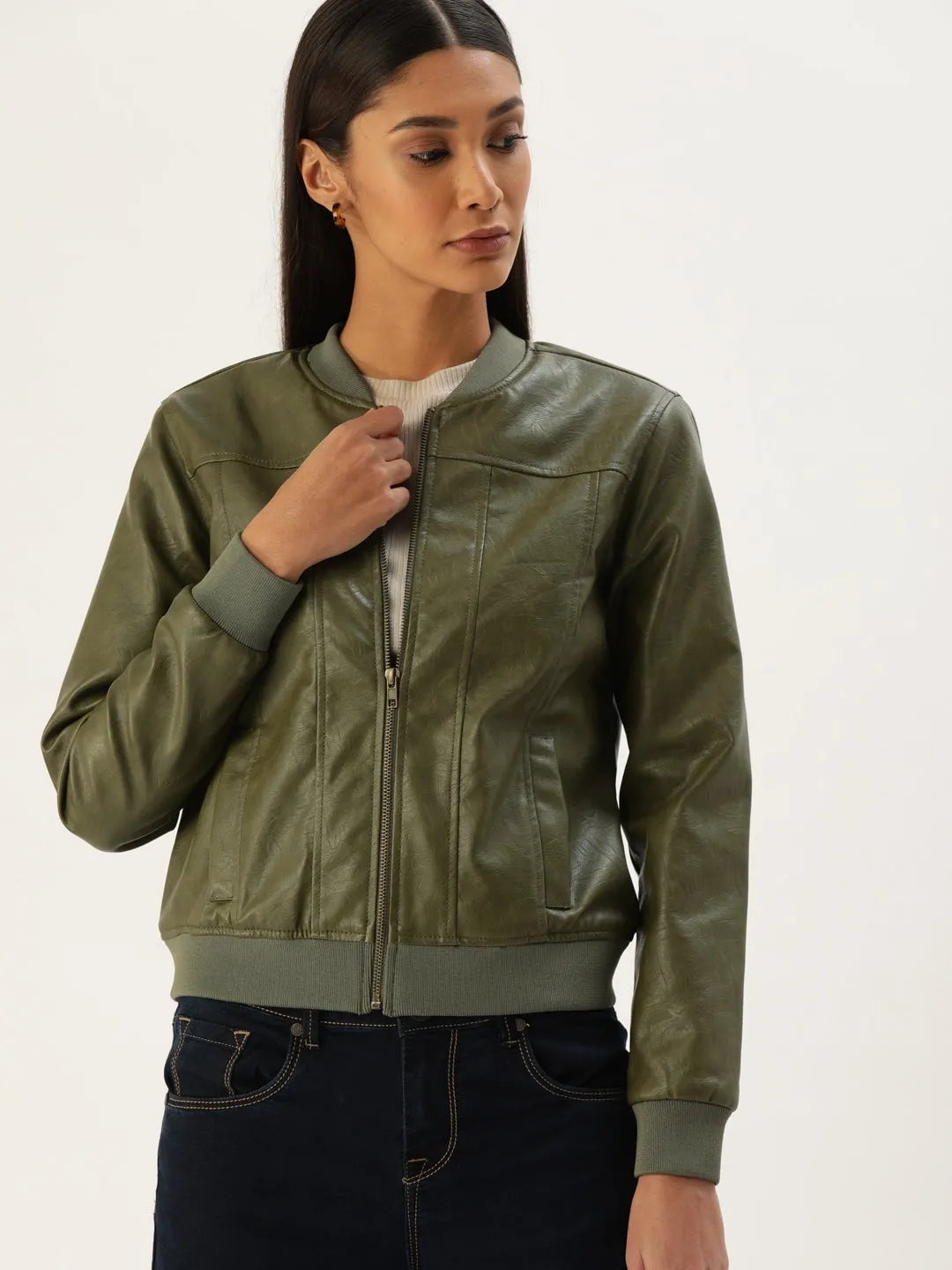 Women Olive Green Solid Lightweight Bomber Jacket | QAWACH