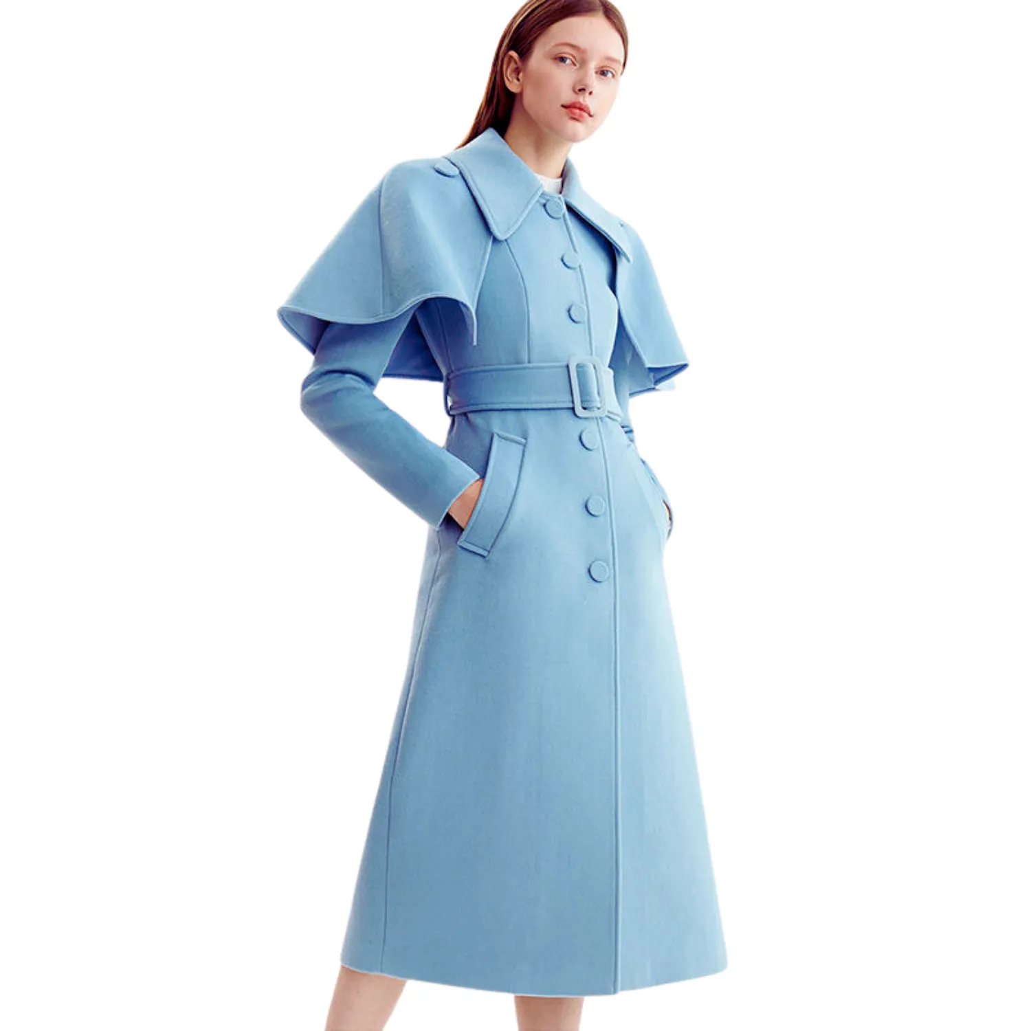 Woolen Mid Length Baby Blue Coat With Removable Cape Belt and High Neck Collar
